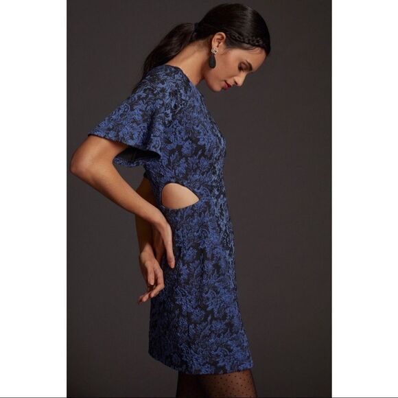 NEW Anthropologie Blue Floral Jacquard Bell-Sleeve Cut-Out Mini Dress Size 6 - Picture 1 of 4